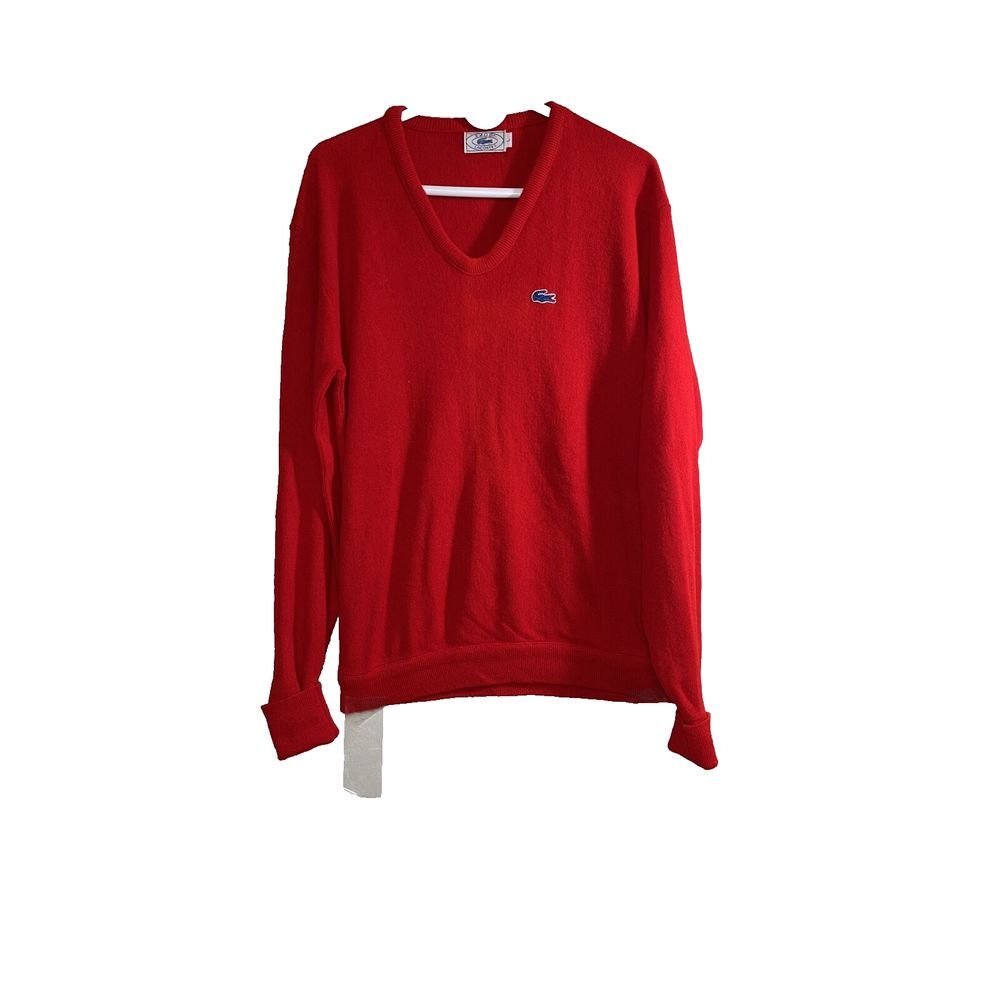 IZOD LACOSTE 1980's‎ Vintage V-Neck Red Sweater Men's Size Large Roll Up Cuffs